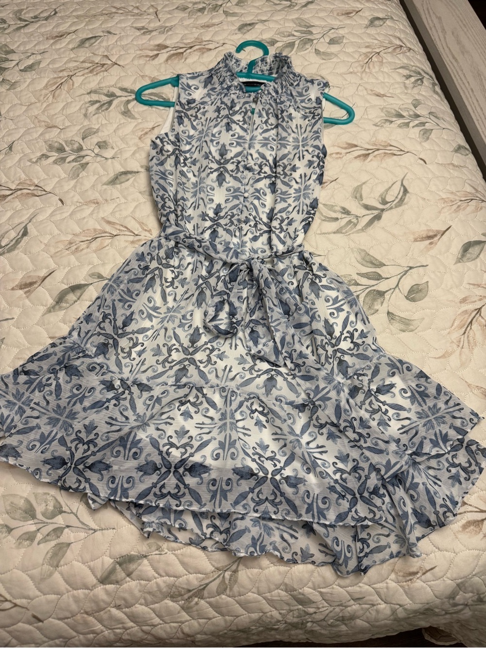 White House Black Market Blue and White Sleeveless Tie-Waist Mini Dress